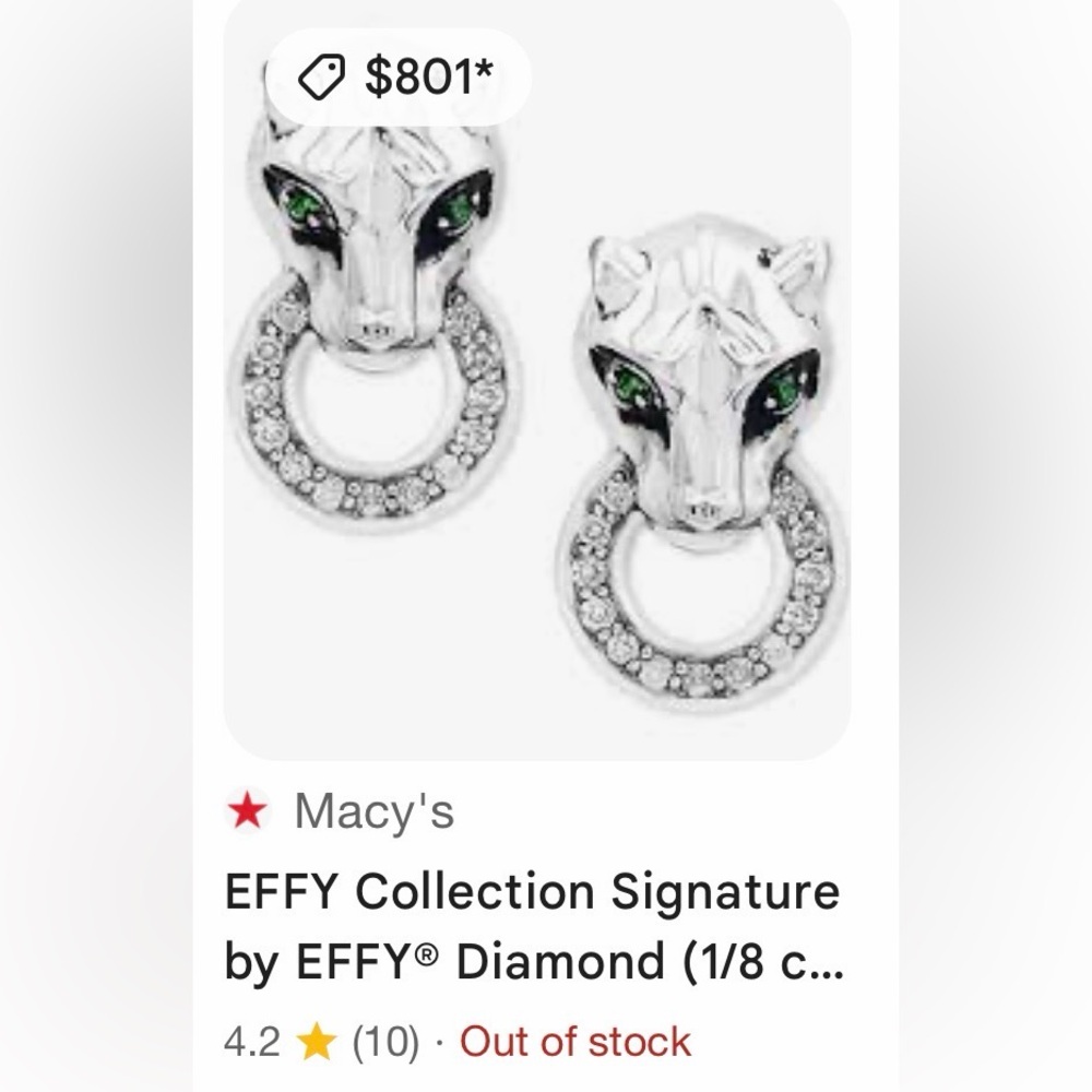 Effy Silver & Diamond Panther Earrings w/Tsavorite Garnet eyes  - NWOT 💚🩶